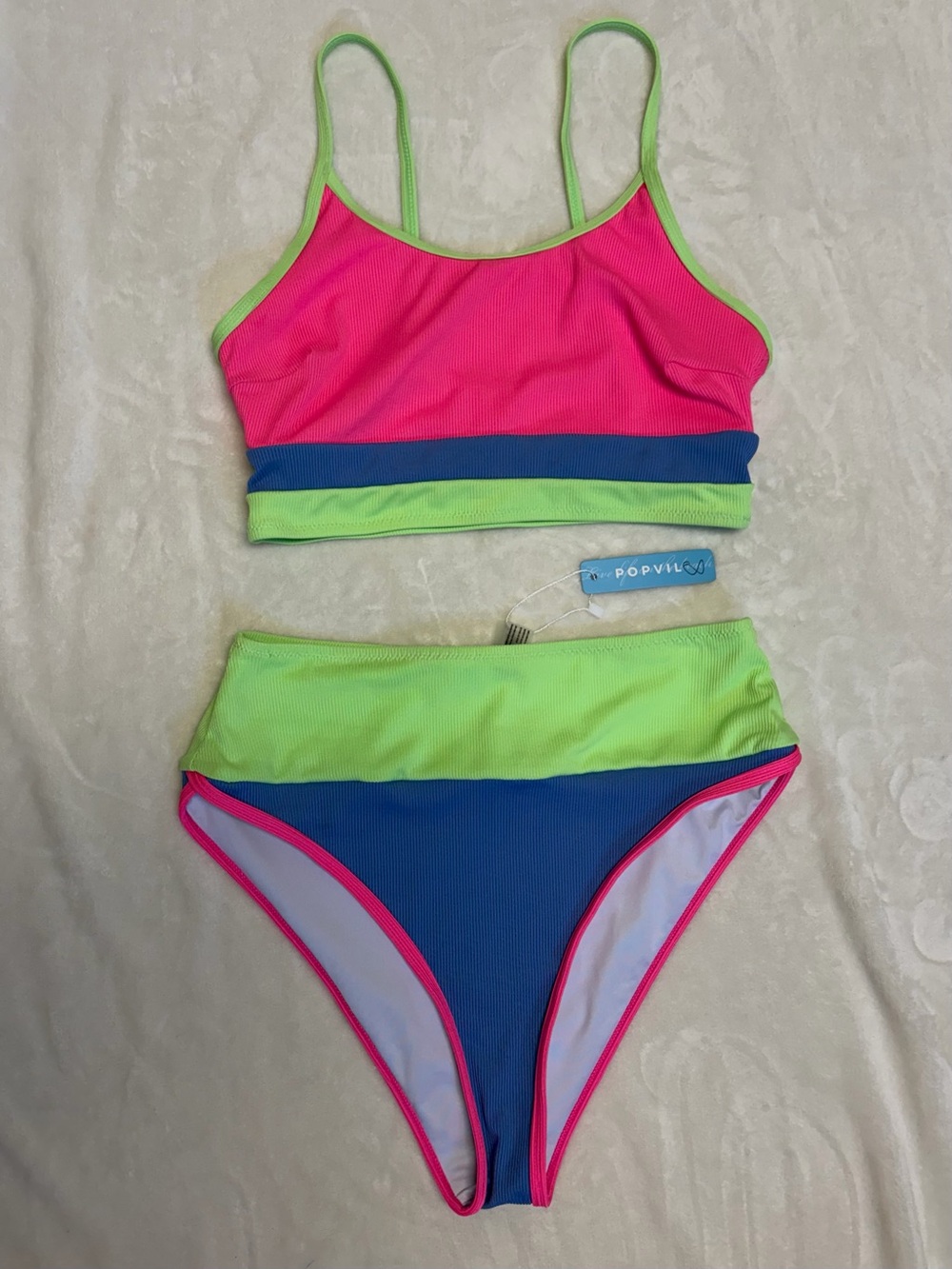 POPVIL Colorblock Ribbed Scoop Bikini Top & High Waist Bottom - Pink/Green/Blue